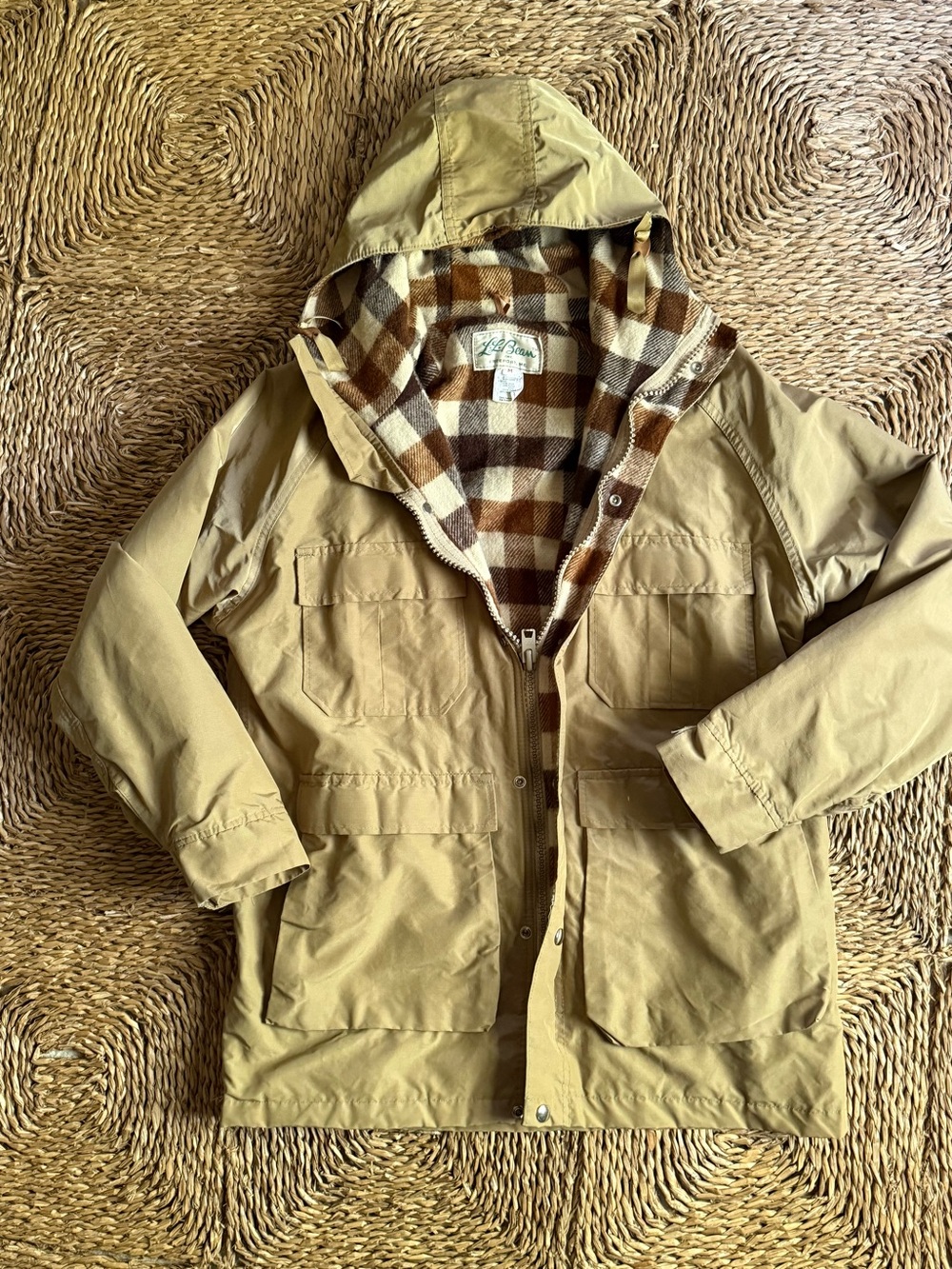 Vintage 80s 90s LL BEAN Tan Plaid Wool Lined Parka Jacket Size M